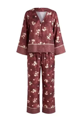 TRENDYOLMİLLA Bordo Çiçekli Saten Dokuma Pijama Takımı THMAW27PT00114