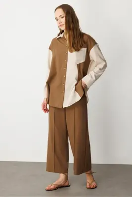 accort Oversize Keten Görünüm Tunik Gömlek-KAHVE