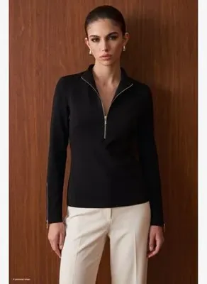 Sateen Fermuar Detaylı Bluz - Siyah