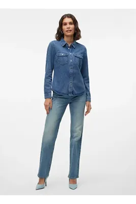 Vero Moda Normal Gömlek Yaka İndigo Kadın Gömlek VMJENNIE LS DENIM SHIRT MIX GA NOOS