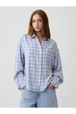 GAP Kadın Açık Mavi Flannel Oversized Gömlek