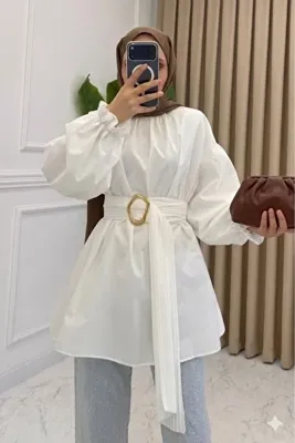 onlymoon Beyaz Pamuklu • Pile Kemer Detaylı Tesettür Gömlek Tunik • Oversize Rahat Kalıp • Şık Günlük Kombin