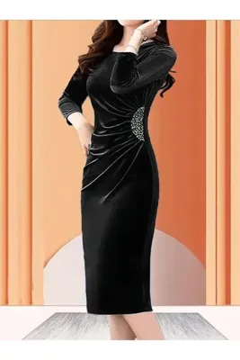 Kokosh moda DRESSIFY WOMEN’S FASHION Kadın Uzun Kollu Bot Yaka Yanı Taş Detaylı Midi Kadife Elbise