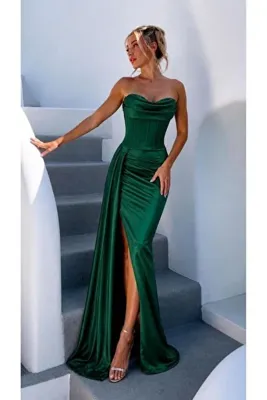 Modafeminen Zümrüt Straplez Yırtmaçlı Saten Abiye Elbise 583398