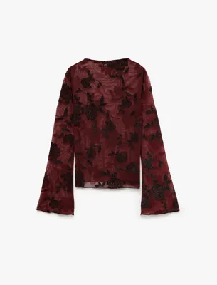 Koton Transparan Simli Tül Bluz Slim Fit Kayık Yaka Uzun Kollu Floral Dokulu