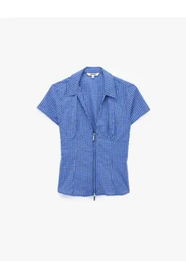 Koton Slim Fit Bel Vurgulu Fermuar Detaylı Pötikareli Poplin Gömlek