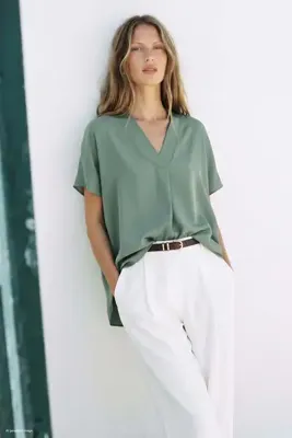 Sateen Geniş Kısa Kollu Bluz - Mint
