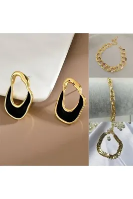Meyras Touch Gold Siyah Mineli Küpe  (3 adet zincir bileklik hediyedir.)