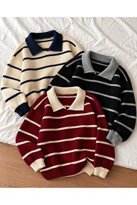 pepule 3’lü Çizgili Polo Yaka Selanik Örgü Oversize Kadın Triko Kazak Seti – Krem, Siyah, Bordo