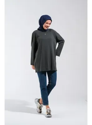 Plistre 2255_Reglan Kollu Minimal Baskılı Basic Oversize Rahat Kalıp Tesettür Tunik