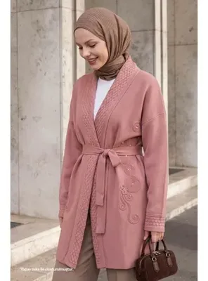 InStyle Yakası Desenli Nakışlı Gül Kurusu Triko Ceket