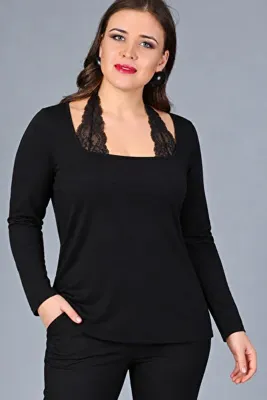 Curvy Trend Büyük Beden Dantel Bağlamalı Uzun Kol Bluz