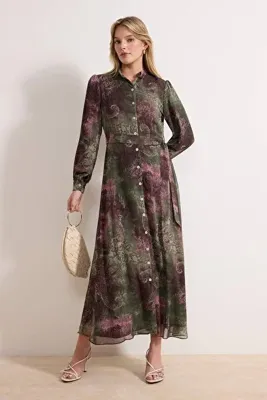 Trendyol Modest Bordo Sedef Düğme Detaylı Şal Desenli Şifon Maxi Elbise TCTSS26EB00029