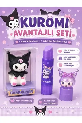 PeriMila Sanrio Kuromi Karakterli Kalemtıraş ve Ruj Silgi Seti - 2 Parça Sevimli Kırtasiye Seti