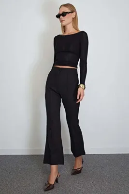Fulla Moda Çimalı Yüksek Bel Flare Pantolon