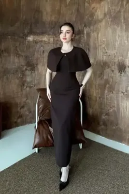 Elbee Fashion Woman Kahverengi Pelerinli Straplez Elbise