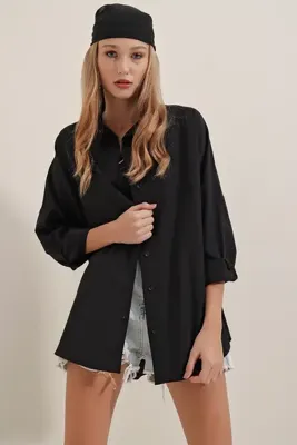 Bigdart Kadın Siyah Oversize Uzun Basic Gömlek 3900