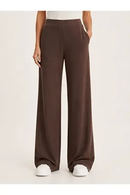 Grenj Fashion Kahverengi Soft Touch Yüksek Bel Cepli Wide Leg Modal Pantolon