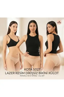 KOTA 3'Lü Lazer Kesim Dikişsiz Bikini Külot-Sağlıklı %100 Pamuk Kumaş