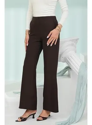 İmaj Butik Kahverengi Bel Lastikli Cepli İspanyol Paça Pantolon