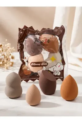Roesıa Rose Cosmetics 4'lü Makyaj Süngeri Seti - Kahve Tonları Yassı ve Kesik Tabanlı Fondöten ve Kapatıcı Dağıtma Sünger Seti (Özel Ambalajlı)