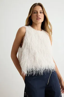 TRENDYOLMİLLA Ekru Saçaklı Kolsuz Dokuma Simli Bluz TPRAW27BZ00043