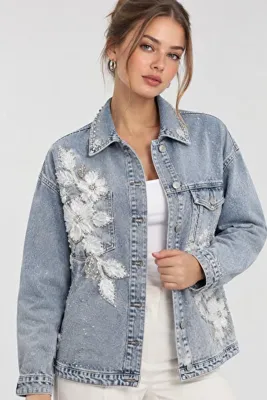 ayz collection Taş İşlemeli Çiçek Aplikeli Açık Mavi Kot Ceket – Jean Denim Ceket