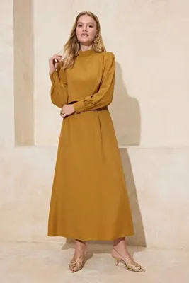 Trendyol Modest Açık Haki Aller Parça Detaylı Dokuma Elbise TCTSS24EB00190