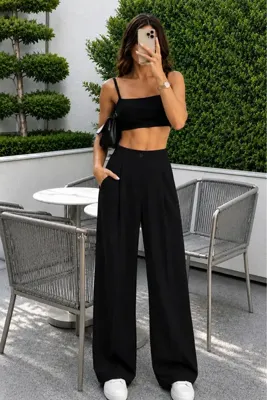 Sun Victoria Siyah Palazzo Beli Lastikli Pantolon Oversize Orjinal Kesim