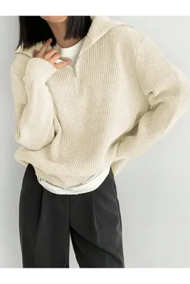 POİNE Kadın Devrik Yaka Oversize Selanik Örgü Fermuarlı Basic Triko Kazak