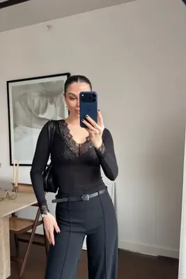 MİROR Kadın Siyah Danteli Kaşmir Bluz