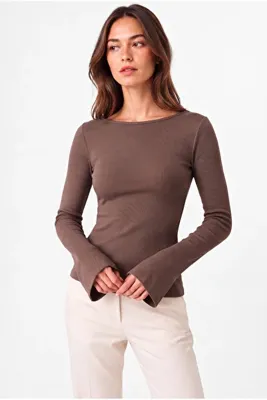 OLYNN Kadın Vizon Kayık Yaka Çan Kollu Fitilli Basic Bluz