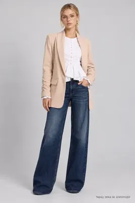Lovelyİstanbul Vatkalı Büzgü Detaylı Dokuma Blazer Ceket LNT0050 KREM