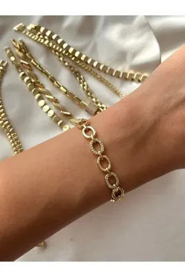 Alveole Jewelry 14K Zirkon Taşlı ve Parlak Oval Halkalı Bileklik