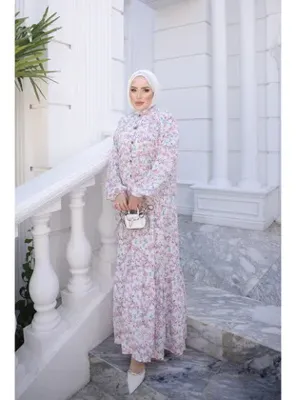 İmaj Butik Lila Yarım Düğmeli Kol Lastikli Eteği Katlı Viskon Elbise