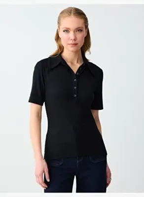 Jimmy Key Siyah Polo Yaka Truvakar Kol Örme Bluz