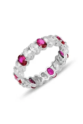 Söğütlü Silver Gümüş rodyumlu oval baget kesim yakut ve zirkon taşlı tamtur yüzük SGTL12399YAKUT