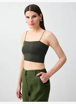 Jimmy Key Haki Dar Kesim Açık Yaka Kısa Örme Bralet