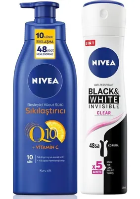 Şanal Nıvea Kadın Sprey Deodorant Black&white Clear 150ML, Q10 Sıkılaştırıcı ve Nemlendirici Vücut Sütü 400ML