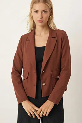 armonika Kadın Koyu Kahve Erkek Yaka Kare Cepli Crop Ceket ARM-26K001026