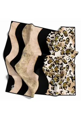 VİOLLA Twill Dalgalı Leopar Desenli Hardal Renkli 90x90 Eşarp (İpek İçermez) Kenar Dikiş Şekli El Dikişli