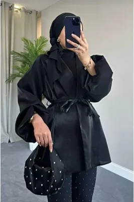 MODA MAÇKA PARK Kadın Standart Beden Kuşaklı Tafta Saten Ceket