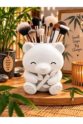 İNSEVANS DESİGN Sevimli Panda Kalemlik – 3D Dekoratif Kalem ve Makyaj Fırçası Organizeri 11 cm