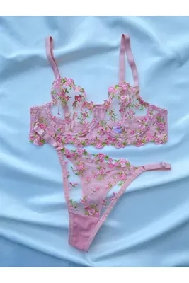 cottonrose Pembe Çiçek İşlemeli Brode Balenli Tanga Sütyen Takımı-Transparan Bralet Set-Dantelli iç çamaşır set