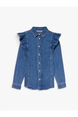 Sisley %100 Pamuk Fırfır Detaylı Denim Gömlek Kadın Haki Yeşili Gömlek - 325A53GELQ09N