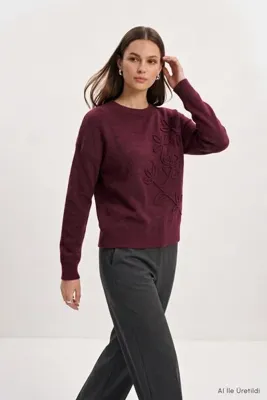 Rays Çiçek Nakış Kazak 70056 Bordo