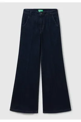 United Colors of Benetton Kadın Mavi Pamuk Karışımlı Cep Detaylı Geniş Paça Denim Pantolon