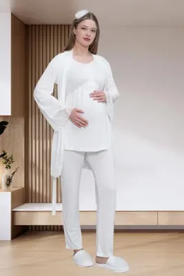 Genel Markalar Kadın Ekru Özel Tasarım Dantelli Lohusa Hamile Sabahlıklı 3'lü Pijama Takım
