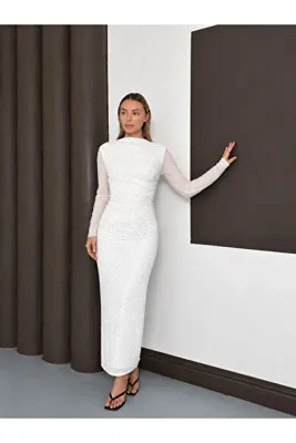 Paraf style Drapeli Uzun Kol Taşlı Midi Tül Elbise