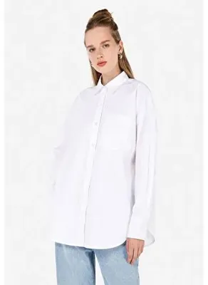 Colins Relaxed Fit Shirt Neck Düz Kadın Beyaz Uzun Kol Gömlek Cl1070174
